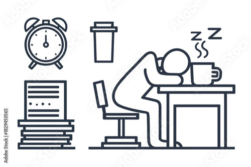 Burnout and exhaustion line-art illustration with tired worker at desk