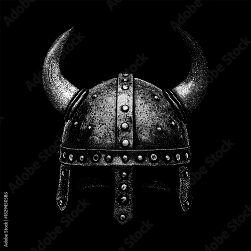 classic Viking helmet with prominent curved horns, metal rivets, and rugged texture. Rendered in a vintage engraving style, the artwork highlights the helmet’s bold.