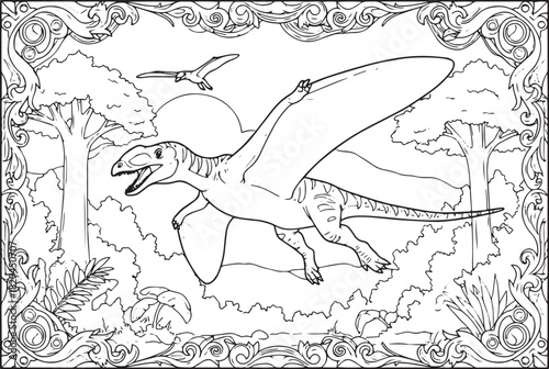 Outline drawing of a flying pterodactyl dinosaur in a prehistori
