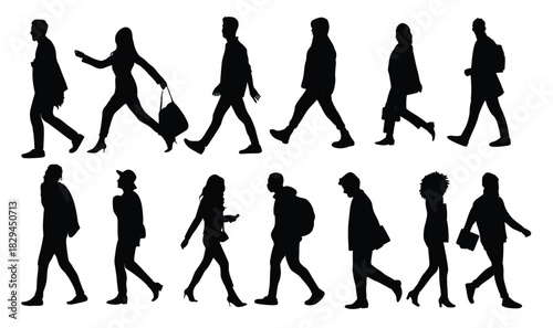 silhouettes of various people walking side view