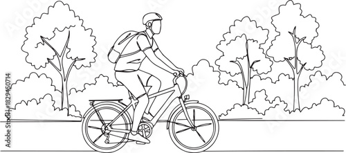 Line art drawing of a man cycling through a park with trees and