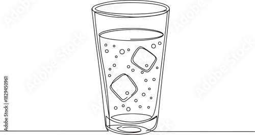 Minimalist Line Art: Refreshing Club Soda with Ice Cubes in a Gl