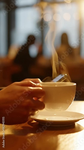 Close-up of a hand holding a steaming white cup of hot coffee or tea on a wooden table in a warm cozy cafe environment with blurred background people