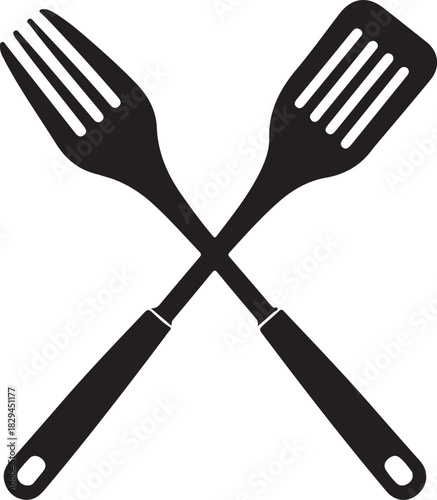 Black silhouette of a fork and a slotted spatula crossed on a white background