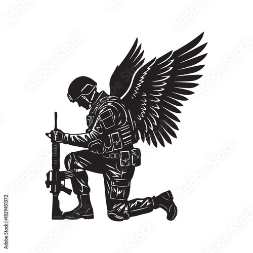 Fallen Soldier Angel Silhouette Kneeling with Wings and Rifle Vector
