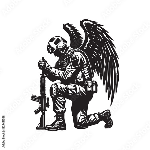 Fallen Soldier Angel Silhouette Kneeling with Wings and Rifle Vector
