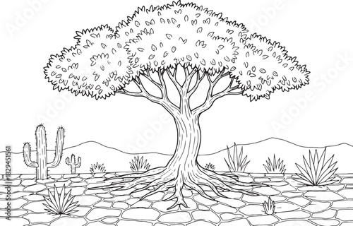Resilient tree thrives in arid landscape showcasing adaptability