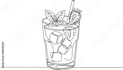 Modern line art drawing of a refreshing strawberry basil smash c