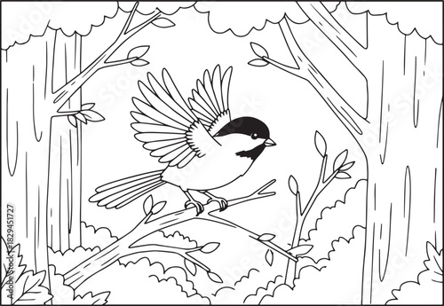 Black-capped chickadee bird in a forest coloring page for relaxa