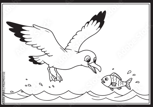 Black and White Illustration of a Seagull Catching a Fish in the