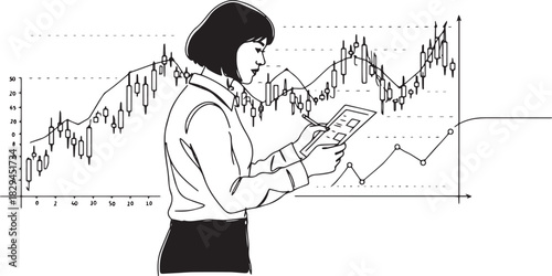 Businesswoman analyzing stock market trends in a minimalist sket