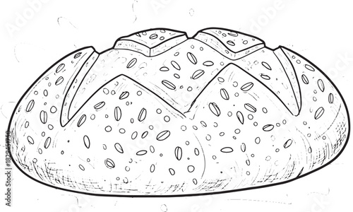 Detailed Black and White Illustration of a Freshly Baked Loaf of