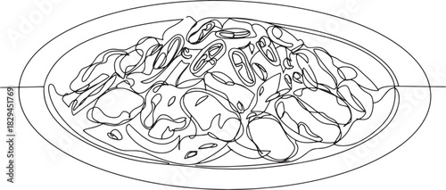 Continuous Line Drawing of Szechuan Chicken on a Plate Minimalis