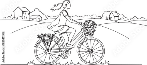 Line art illustration depicting a woman riding a bicycle in the