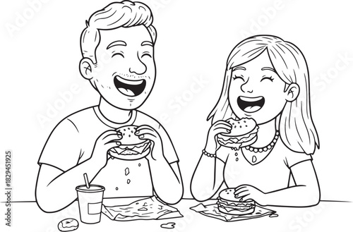 Joyful couple sharing a delightful burger meal depicted in a cha