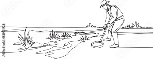 Single continuous line drawing of a man with metal detector in n
