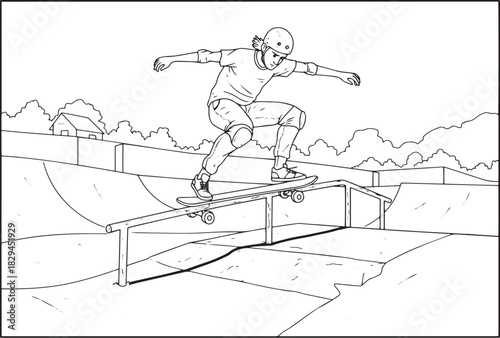 Dynamic line drawing of a skateboarder executing a trick at a sk