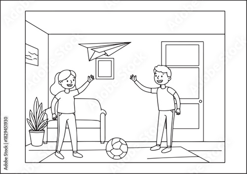 Cheerful children in monochrome playing indoors, paper airplane