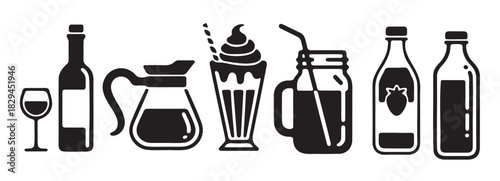 Simple Black and White Icons of Various Beverages and Drinks