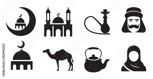 Simple Black and White Silhouette Icons of Islamic Culture