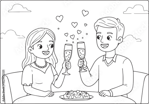 Romantic cartoon couple toasting with champagne with hearts desi