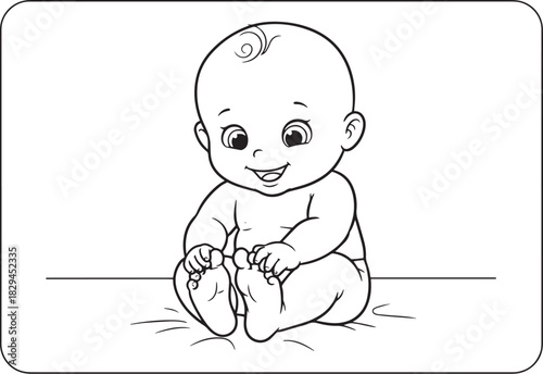 Adorable baby cartoon in black and white line art exploring tiny