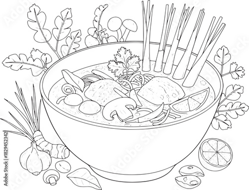 Whimsical Tom Kha Gai Illustration: A Detailed Black and White C