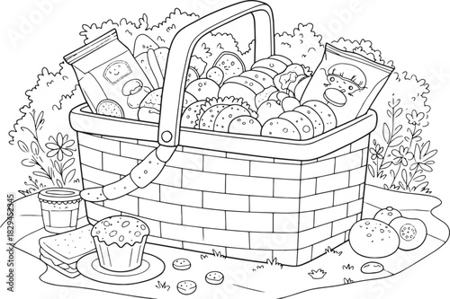 Whimsical picnic basket illustration brimming with treats and su