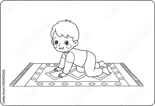 Cartoon illustration of a baby crawling on a prayer rug or decor