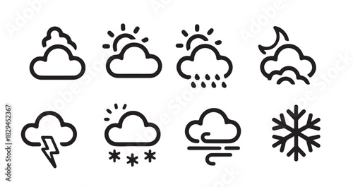 Simple black line weather icons set for various conditions.