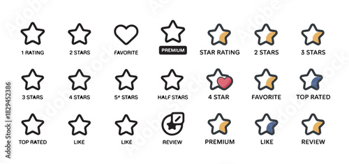 Mix of outline and partially filled star rating icons set isolated on white background. customer feedback vector symbols