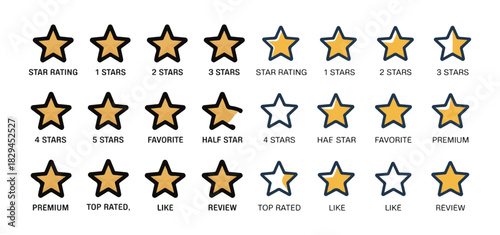 Star rating icon set. Customer review product or service premium quality rank. Golden favorite half heart