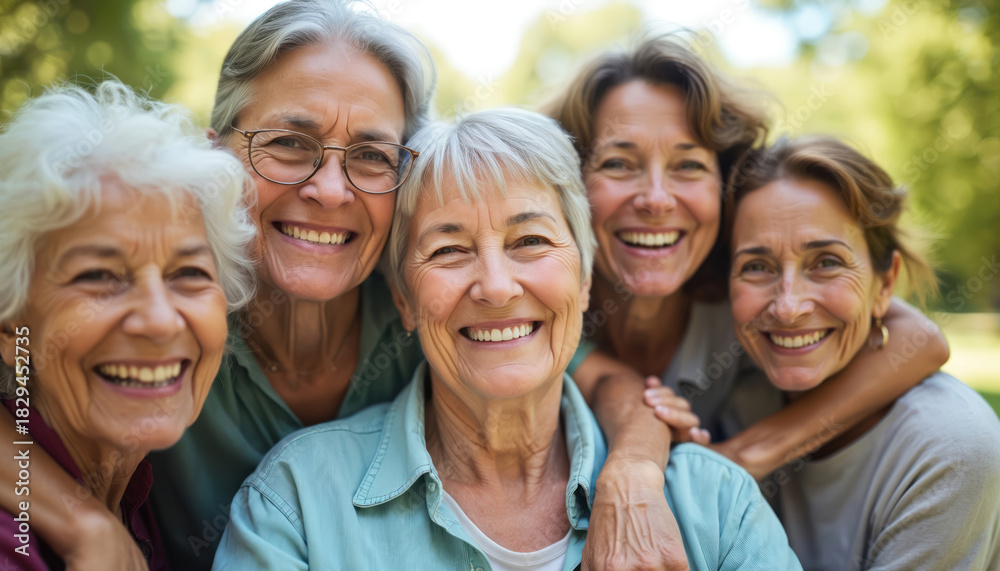 Obraz premium Group senior women smiling. Happy females friends hug. Diverse ladies enjoy outdoors in park on sunny day. Portrait of joyful mature women together. Bond between old friends enjoying retirement.
