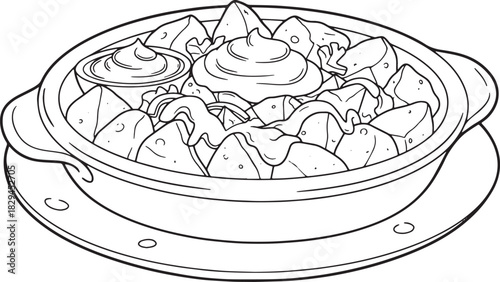 Patatas bravas illustration in black and white line drawing for