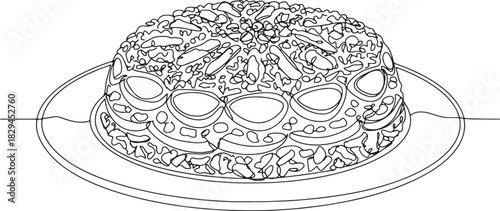 Minimalist continuous line drawing of maqluba dish, food illustr