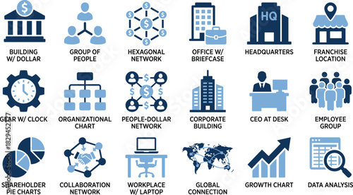 Corporate business icons vector set, finance, banking, global network, organizational chart, office, headquarters, franchise, people, employees, data analysis, growth, collaboration, workplace, 