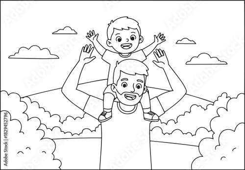 Delightful illustration of a father carrying his son on his shou