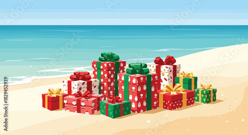 A sunny Christmas with festive gifts on the beach with ocean backdrop for a unique and joyful holiday season