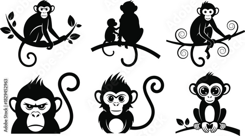 Monkey Silhouette Vector Set, Baby Monkey on Branch, Primate Collection Icons, Wild Animal Black Pictogram, Ape Face and Family Design Elements