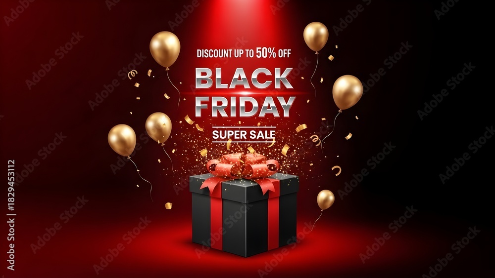 Fototapeta premium Black Friday super sale advertisement featuring a gift box gold balloons and confetti on a red background perfect for promotional marketing campaigns isolated on white