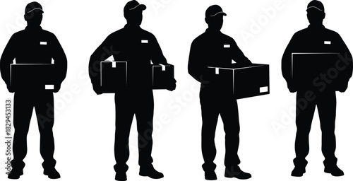 Delivery Man Silhouette Vector Collection, Courier Service Worker Holding Packages, Express Shipping Logistics Staff, Parcel Post Worker Black Icons Set