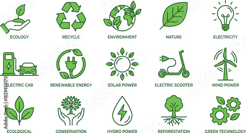 Eco-Friendly and Sustainable Energy Vector Icons Set, Environment and Nature Conservation, Renewable Power, Green Technology, Ecology, Electric Vehicles, Solar, Wind, and Hydro Energy Concepts.
