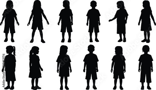 Children Silhouettes Vector Set, Kids Standing Poses Collection, Boy and Girl Black Pictogram, Elementary School Child Icon, Multiple Views Design