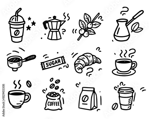 Hand-drawn coffee shop. doodle set with coffee makers, beans, cups, desserts. for café branding, stickers, menus