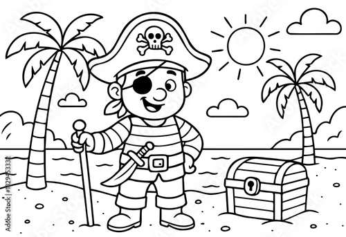 Coloring page of a pirate boy. Vector Cartoon for children with treasures.
