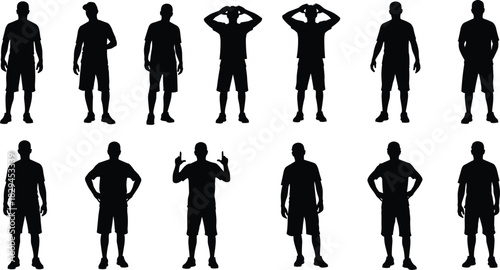 Set of vector silhouettes showing men in casual shorts and t-shirts standing in different full-body poses, ideal for design templates and graphics.