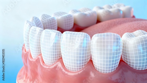 Surreal tech micro style; a row of pearly white teeth wrapped in gums