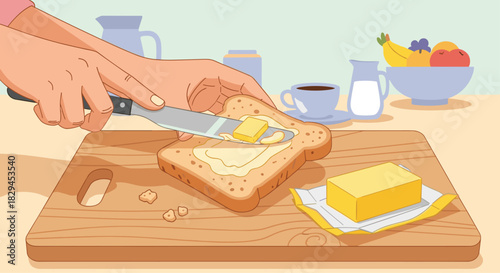 Butter on toast with a hot cup of coffee and fresh fruit for a healthy breakfast