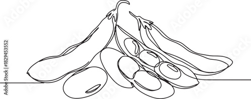 Minimalist Line Art Depicting Soybeans in Pods and Loose, Vegan