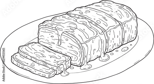 Intricate line art illustration of sliced chinese char siu with